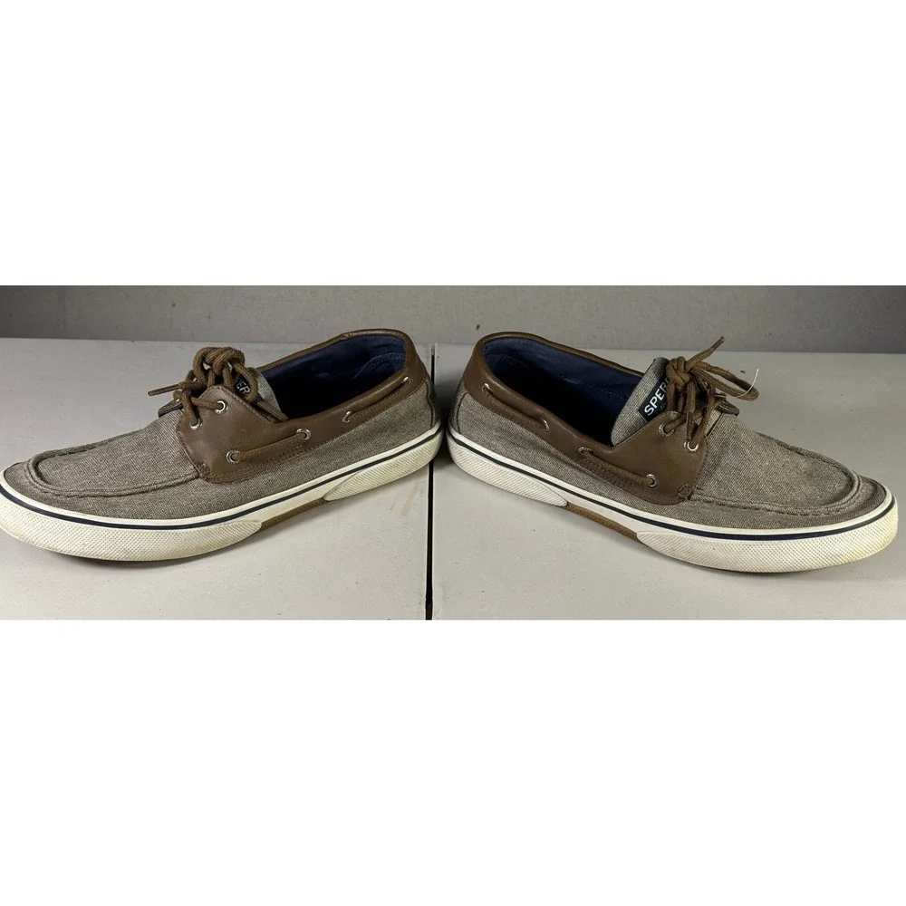 Sperry Top-Sider Bahama II Mens 12 Boat Shoes Khaki Canvas Leather STS21489